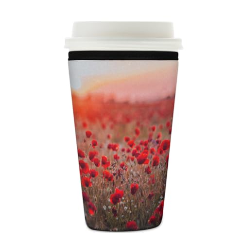 Wiederverwendbare Eiskaffeetassen-Hülse mit roter Mohnblumen-Isolierung, Neopren, für kalte Getränke, Getränkehalter, passend für 625 - 680 ml Tassen von Mexpekil