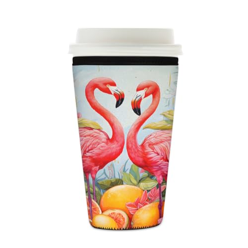 Wiederverwendbare Eiskaffeetassenhülle Flamingos, Zitrone, Sommer, Obst, Isolator, Neopren, Kaffeehülle für kalte Getränke, Halter, passend für 473 - 510 ml Tassen Wiederverwendbare Eiskaffeetassenhülle Flamingos, Zitrone, Sommer, Obst, Isolator, Neopren, Kaffeehülle für kalte Getränke, Halter, passend für 473 - 510 ml Tassen von Mexpekil