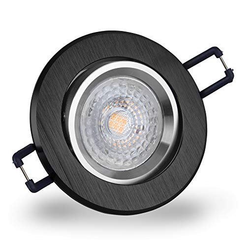 Mextronic LED-Einbauleuchte rund: Dimmbarer LED-Einbaustrahler mit 230V - Lochmaß 68mm, IP20 Alu Silber + Schwarz gebürstet von Mextronic