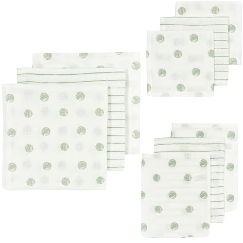 Meyco Baby Dot Stripe Starterset Musselintücher, 9-teilig (Mullwindeln, Waschlappen & Spucktücher aus 100% Baumwolle, saugstark & schnelltrocknend, multifunktional), Soft Green von Meyco
