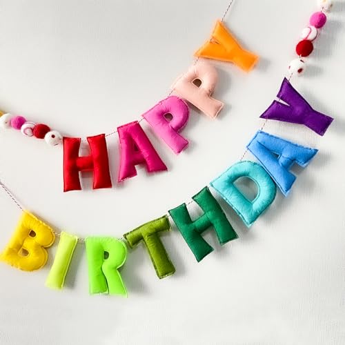 Vorbespanntes Happy Birthday Banner – Filzkugel-Girlande – Happy Birthday Girlande, Regenbogen-Geburtstagsdekorationen, Party-Dekor, Foto-Requisite von KUQJJQU
