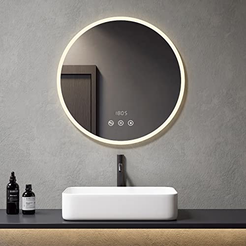 Meykoers Badezimmerspiegel mit Beleuchtung Rund 60cm Acryl badspiegel Wandspiegel mit Touchschalter + Beschlagfrei + Uhr + Bluetooth + Neutral Licht 4300K, 3h Automatische Abschaltung von Meykoers