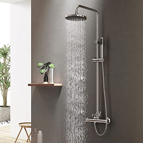 Meykoers Duschsystem mit Thermostat Rund Dusche Regendusche Set Duscharmatur Duschgarnitur mit Edelstahl Duschstange, D20cm Kopfbrause, Handbrause, Thermostat und 1,5m Schlauch von Meykoers