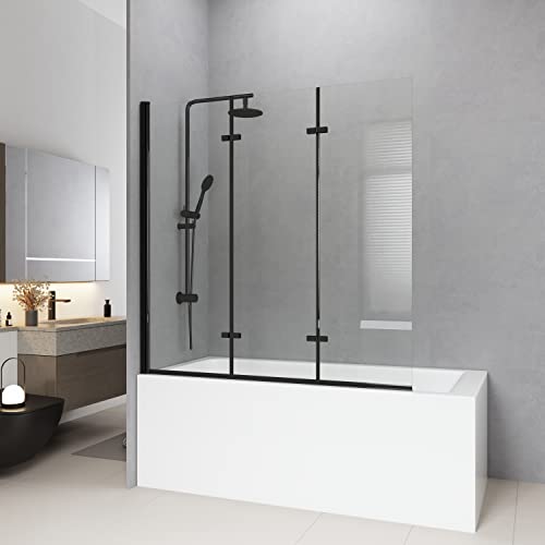 Meykoers Duschwand für Badewanne schwarz 120x140cm, 3-teilig faltbar Duschwand Badewannenaufsatz, Duschabtrennung Badewanne mit 6mm Nano Easy Clean Glas von Meykoers