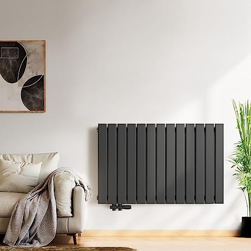 Meykoers Heizkörper Flach 630 x 1000mm Design Flachheizkörper Horizontal Paneelheizkörper Seitenanschluss Einlagig Wandheizkörper Anthrazit 730 Watt Radiator von Meykoers