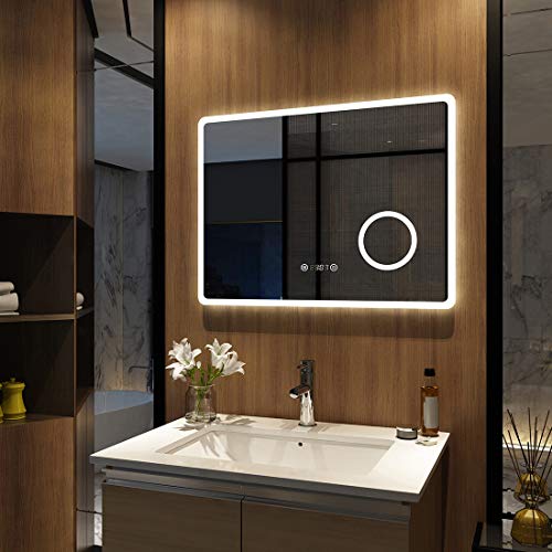 Meykoers LED Badezimmerspiegel Badspiegel mit 90x70cm Beleuchtung Spiegel mit Vergrößerung Wandspiegel, Touch-Schalter, Uhr, Beschlagfrei, Lichtspiegel Kaltweiß 6500K von Meykoers