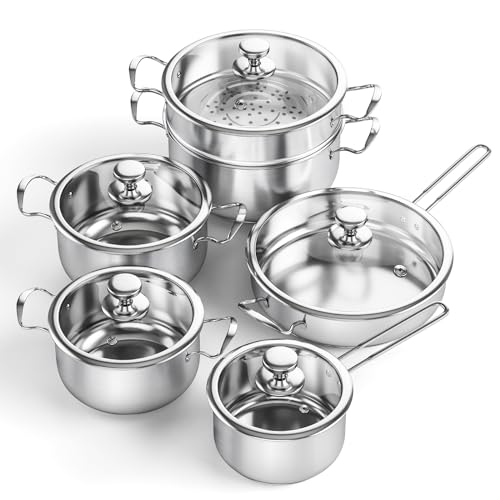 Meythway Topf- und Pfannenset, ungiftig, 11-teiliges Edelstahl-Kochgeschirr-Set mit Dampfgarer & visuellem Deckel, Küchen-Induktionskochgeschirr mit Bratpfannen, Stielkasserolle und Suppentöpfen für Meythway Topf- und Pfannenset, ungiftig, 11-teiliges Edelstahl-Kochgeschirr-Set mit Dampfgarer & visuellem Deckel, Küchen-Induktionskochgeschirr mit Bratpfannen, Stielkasserolle und Suppentöpfen für von Meythway