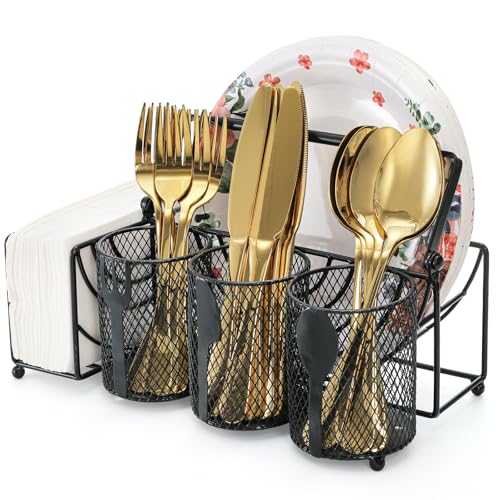 Mezchi Metall-Utensilien-Caddy mit 5 Fächern, Utensilienhalter aus Metall schwarzes Netzgewebe, Besteck-Aufbewahrungshalter für Servietten, Teller, Camping, Picknick, Buffet, Wohnmobil, Grill, Küche von Mezchi