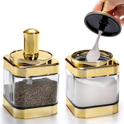Mezchi Gewürzbehälter aus Glas, 340 ml, goldfarben, mit Löffel, Gewürzbox-Set, Salzbehälter, Zuckerspender, Küchenbehälter für Mehl und Zucker, 2 Stück von Mezchi
