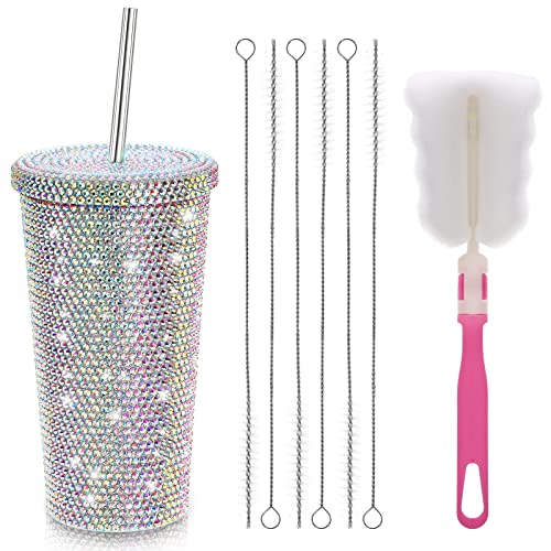 Mezchi Trinkbecher mit Nieten, glitzernder Edelstahl-Thermo-Trinkwasserbecher, Strass-Becher mit 1 Bürste, 6 Strohhalmbürsten für Damen, 482 ml von Mezchi