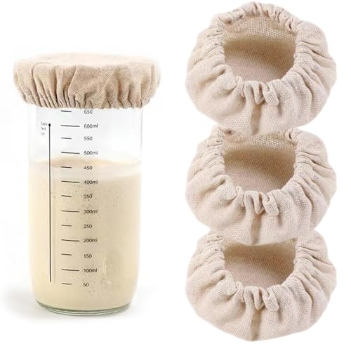Mezrkuwr 3 Stück Stoffüberzüge für Sauerteig-Startergläser, ungebleicht, staubdicht, wiederverwendbar, passend für Glasöffnungen mit einem Durchmesser von 7–10 cm von Mezrkuwr