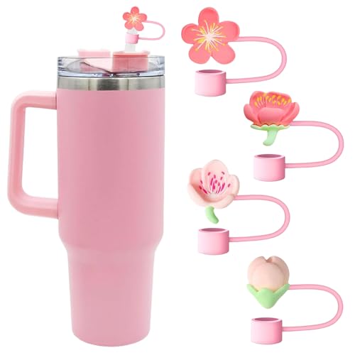 Mezrkuwr 4 Stück Stroh-Abdeckkappe mit Rosa Blumendesign Für Stanley-Becher, Silikon, strohhalm abdeckung, wiederverwendbare, Lustige Geschenke für guter Freund von Mezrkuwr