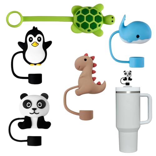 Mezrkuwr 5 Stück Stroh-Abdeckkappe mit Tierform Für Stanley-Becher, Silikon, strohhalm Abdeckung, Wiederverwendbare Strohhalm-Spitzen, Schutz für Stanley-Becher, Panda von Mezrkuwr