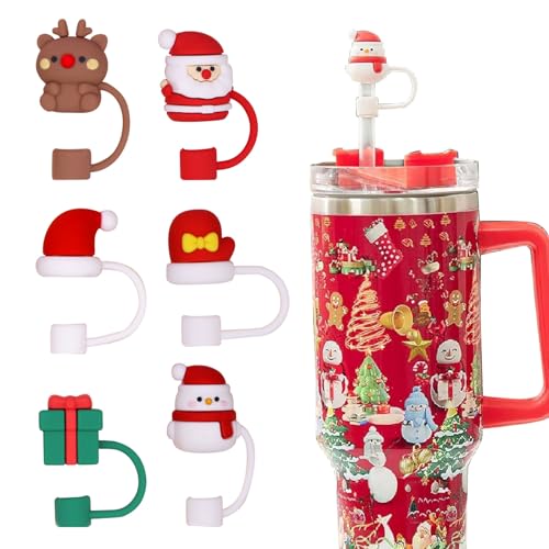 Mezrkuwr 6 Stück Weihnachten Stroh-Abdeckkappe Für Stanley-Becher, Schneemann, Elch, 10mm, Silikon, strohhalm Abdeckung, Wiederverwendbare von Mezrkuwr