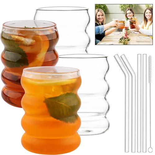 Mezzar Gerippte Trinkgläser mit Glasstrohhalmen, 4 Stück 350ML Cocktailgläser Eiskaffee Gläser, Geeignet Für Lattes Tee Soda Wasser von Mezzar