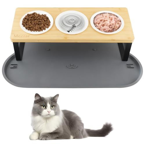 Mezzar Katzennapf Erhöht,3er Set Futternäpfe Katze aus Keramik, 15°Gekippte Ergonomischer Futterstation Katzen mit Napfunterlage Silikon Fressnapf Katze Holz Keramik und Wassernapf für Katzen von Mezzar