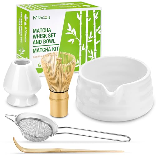 Matcha-Schneebesen-Set, japanisches Tee-Set (5-teilig) inklusive Matcha-Schüssel mit Ausguss (540 ml), Matcha-Schneebesen aus Bambus und Matcha-Schaufel, Matcha-Schneebesen-Halter, Edelstahlsieb, von Mfacoy