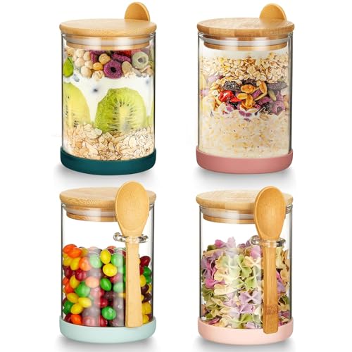 Mfacoy Set mit 4 luftdichten Glasdosen mit Bambusdeckel und Löffeln, 480 ml, Borosilikatbehälter für Übernachtung, Haferbehälter mit Deckel, transparente Lebensmittelbehälter für Kekse, Süßigkeiten, von Mfacoy
