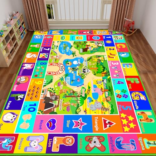 Mfmiudole Kinderteppich für Spielzimmer, weicher und rutschfester pädagogischer Teppich mit ABC-Alphabet, Zoo-Tieren, Zahlen, Bodenspielmatte für Kinder, Klassenzimmerteppich, Spielmatte für von Mfmiudole
