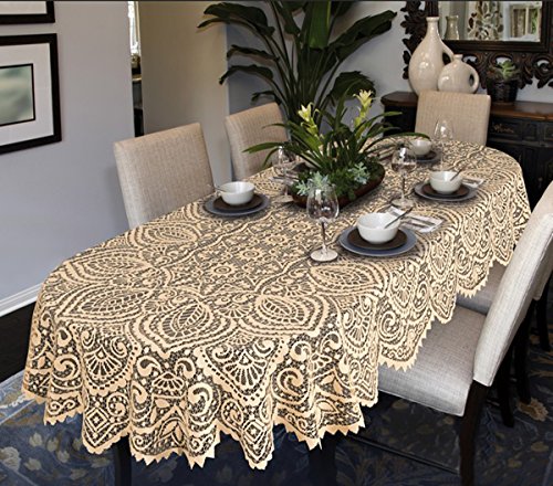 MforStyle Große Tischdecke mit Spitze, oval oder rund, Weiß oder Beige, hochwertig, beige, 140cm x 240cm (55" x 95") Oval von MforStyle