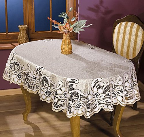 MforStyle – Tischdecke mit schwerer Spitze, Creme-/Gold-/Beigefarben, Oval, qualitativ hochwertig von MforStyle