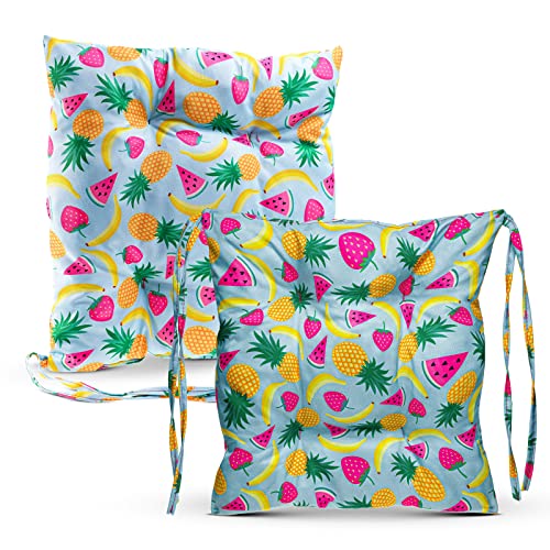 2er-Set Stuhlkissen mit Bändern 40x40 cm mit fruchtig Druck - Sitzkissen für Garten und Haus, mit Urlaubsdesign - gestepptes, buntes Stuhlauflage für Gartenstuhl, Outdoor Küche, Esszimmerstuhl von MG Design