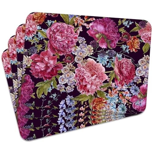 Tischset Satz mit 4 Stück 40x30 cm Blumen 09, Tischuntersetzer Abwaschbar - Hitzebeständige Korkrückseite hält Temperaturen von 100°C Stand, verrutscht Nicht - Platzdeckchen für Die Küche von MG Design