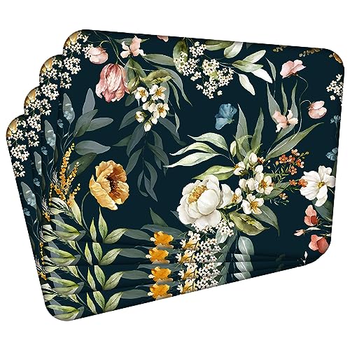 Tischset Satz mit 4 Stück 40x30 cm Flowers 1 Tischuntersetzer Abwaschbar - Hitzebeständige Korkrückseite hält Temperaturen von 100°C Stand, verrutscht Nicht - Platzdeckchen für Die Küche von MG Design