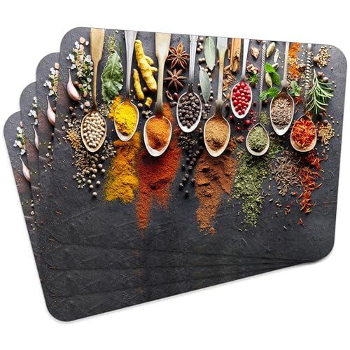 Tischset Satz mit 4 Stück 40x30 cm Gewürze 15, Tischuntersetzer Abwaschbar - Hitzebeständige Korkrückseite hält Temperaturen von 100°C Stand, verrutscht Nicht - Platzdeckchen für Die Küche von MG Design