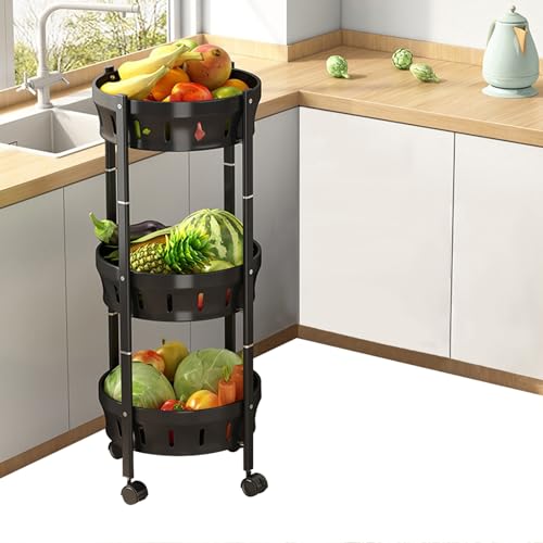 Mgchowue 3-Etagen Lagerregal Regale, 360° Drehbar Aufbewahrungskorb, Gemüse Obst Trolley-Wagen für Haushalt Küche Ecke Organisation (Color : Schwarz) von Mgchowue