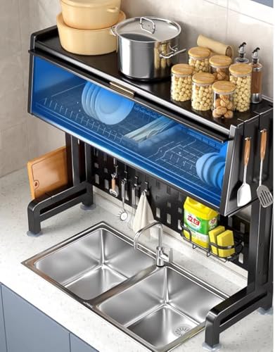 Mgchowue Abtropfgestell Über der Spüle, Geschirr Abtropfständer Abtropfgitter, Geschirrtrockner mit Utensilienhalter, Abtropfschale, Messerhalterung(Schwarz) von Mgchowue