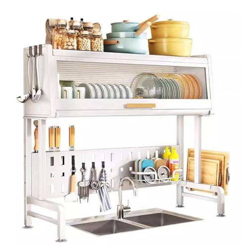 Mgchowue Abtropfgestell Über der Spüle, Geschirr Abtropfständer Abtropfgitter, Geschirrtrockner mit Utensilienhalter, Abtropfschale, Messerhalterung(White) von Mgchowue