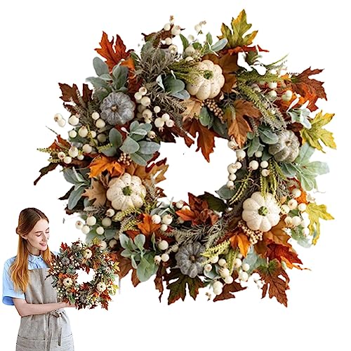 Mgichoom Herbst TürKranz WandKranz | 45cm Kranz Deko Herbst Dekoration Türkranz | Künstliches Rattan Kürbis Ahornblatt Beere Herbst TürKranz WandKranz Als Tür Fenster Wandbehang Dekoration von Mgichoom