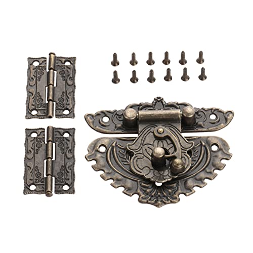 Mgoodoo Antike Prägung Hasp Riegel Schloss, 2PCS Scharnier +1 PCS Retro-Stil Vorhängeschloss Schloss Schlüssel Riegel Spange Set Box Schloss, Box Scharniere und Riegel mit 13 Schrauben von Mgoodoo