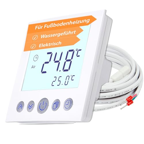 Digitales Unterputz Thermostat weiß mit 8cm Displaydiagonale - Wochenprogrammierung - Kindersicherung - für elektrische oder wassergeführte Fußbodenheizung von Mi-Heat