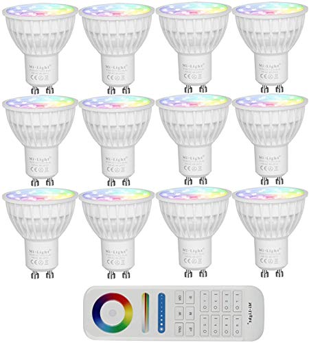 lighteu, MiLight LED-Spots und Fernbedienung kabellose Steuerung 2,4GHz, RF, Touch-Panel 4W GU10 12 Spotlights RGB+CCT & 1 Remote 4.0 watts von lighteu