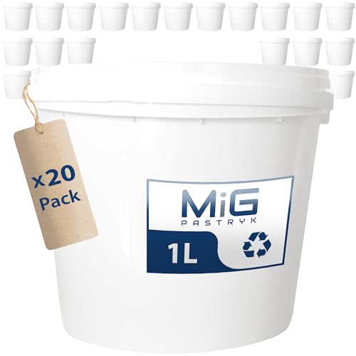 MIG Eimer mit Deckel 1L weiß - 20x 1 Liter stapelbare Plastikeimer mit Deckel - Vielseitiger Baueimer mit Deckel für Haushalt und Industrie - Kleiner Kübel mit Deckel geeignet für Hundefutter von MiG