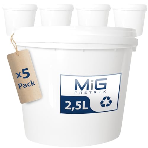 MIG Eimer mit Deckel 2,5L weiß - 5X 2,5 Liter stapelbare Plastikeimer mit Deckel - Vielseitiger Baueimer mit Deckel für Haushalt und Industrie - Kleiner Kübel mit Deckel geeignet für Hundefutter von MiG