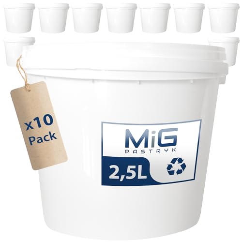 MIG Eimer mit Deckel 2,5L weiß - 10x 2,5 Liter stapelbare Plastikeimer mit Deckel - Vielseitiger Baueimer mit Deckel für Haushalt und Industrie - Kleiner Kübel mit Deckel geeignet für Hundefutter von MiG