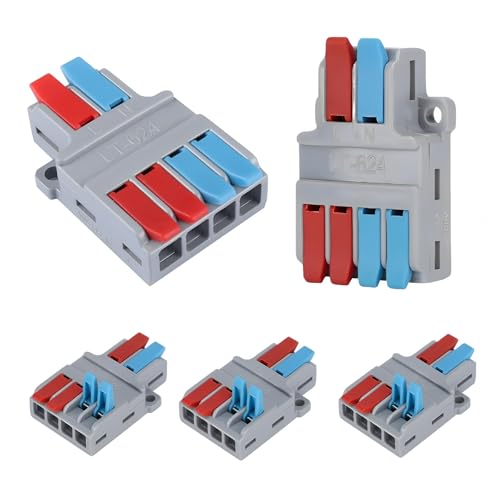 MiJunHD 2-in-4-Out-Schnellhebel-Steckklemmenblock, 5 Stück, Drahtverbinder-Splitter-Verteiler für Oberflächenverdrahtung und Inline-Schaltung (0,08–6 mm² Draht, 35–10 AWG, 250 V, 35 A) von MiJunHD