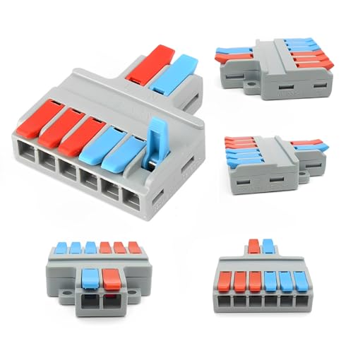 MiJunHD 2-in-6-Out-Schnellhebel-Steckklemmenblock, 5 Stück, Drahtverbinder-Splitter-Verteiler für Oberflächenverdrahtung und Inline-Schaltung (0,08–6 mm² Draht, 35–10 AWG, 250 V, 35 A) von MiJunHD