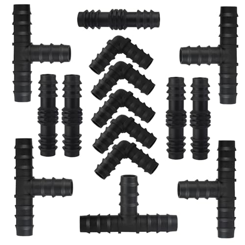MiJunHD Tropfbewässerungsanschlussstück, 25 mm, 15 Stück, mit Widerhaken, Winkel- und T-Stück, Kunststoffverbindungs-Set für 16 mm Schlauchschläuche von MiJunHD