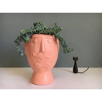 Neu & Groß Bubikopf Blumentopf Gesicht Pflanzkopf Figur Kopf Bart Schnauzer Moustache Vase Beton Übertopf Koralle von MiMaMeise
