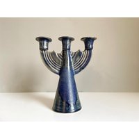 Großer Vintage Mid Century Kerzenständer Kerzenleuchter Kerzenhalter Skandinavisch Blau Keramik 50Er 60Er von MiMaMeiseVintage
