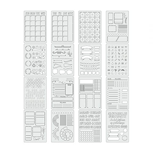 16 Stück Journal Zeichnung Schablone,Multi Stil Schablonen Malen Waschbar Schablonen Set für Journal Scrapbooking Fotoalbum Gästebuch von MiOYOOW