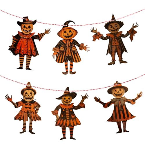 6 Stück Halloween-Holzbanner, Vintage-Holz-Banner zum Aufhängen, lustige Schilder, Banner mit 6, Halloween-Wimpelkette, Dekorationen für Party, Horror, Kürbis, Wanddekoration von MiOYOOW