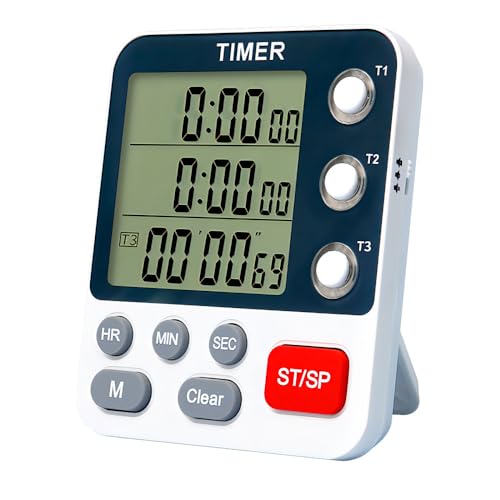 Digitaler Timer und Stoppuhr, Digitale Küchentimer Küchenuhr Eieruhr, 3 Kanal Klassenzimmer Timer mit 3 Stufig Einstellbarer Lautstärke für Kochen Backen Sport Lernen von MiOYOOW