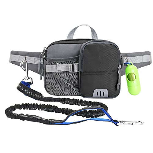 Multifunktional Gürteltasche Joggingleine Hunde Set, Gürteltasche mit Elastischer Hundeleine für Mittlere Große Hunde Verstellbarer Hüfttasche mit Nacht Reflektierender für Joggen Wandern von MiOYOOW