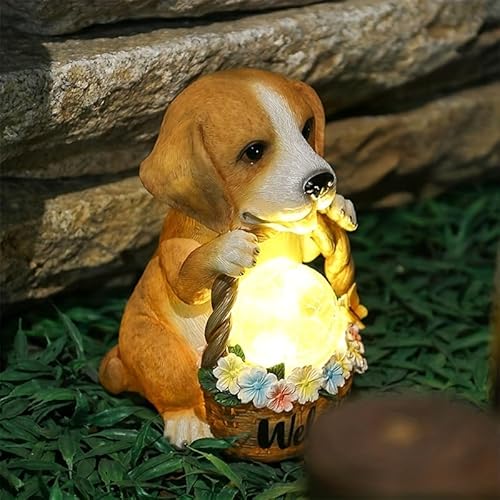 MiXXAR LED Ornamente Harz Hund Statuen Licht Solar Doggy Licht Garten Hund Figuren mit Korb Led Haustier Skulptur Nachtlicht für Outdoor Haus Desktop Terrasse Rasen Veranda Dekor Harz Handwerk von MiXXAR