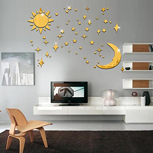 3D-Wandaufkleber, Sonne, Mond und Sterne, Spiegeleffekt, Wandsticker für Kinderzimmer, Goldfarben, 36 Stück von MiYan